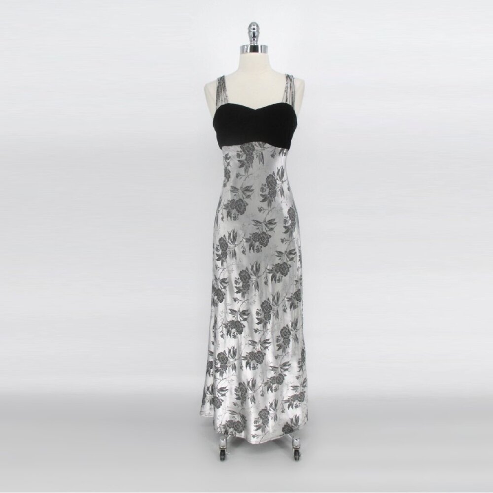 Vintage 90s Velvet Silver Jacquard Party Gown Dress XS - Picture 2 of 11